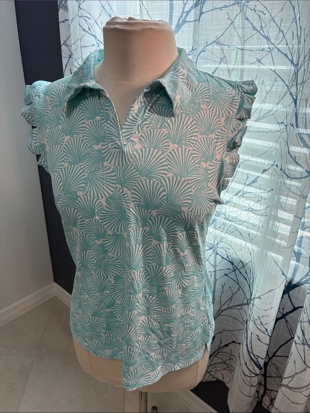 Gottex Sleeveless Mint Shell-Pattern Polo Top